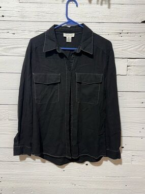Rachel Zoe Black Lightweight Button-Up Shirt Jacket with Contrast Stitching
